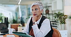 Mature woman, tablet and thinking in office with finance, stress and confused with investment results. Person, frustrated and notification for lost profit, revenue and fintech application at company