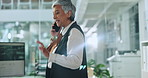 Business, phone call and woman in office, discussion and planning with information for article. Mature person, journalist and employee in workplace, conversation and chatting with ideas or connection