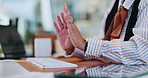 Hands, talk and video call in office, keyboard and computer with discussion, consulting and advice. Person, pc and financial advisor with explain, contact and conversation for investment at agency