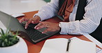 Notebook hands and woman with laptop, typing and research for article, email and deadline. Person, employee and journalist in office, pc and keyboard with website info, feedback or closeup with ideas
