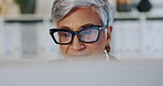 Business, glasses and woman with laptop, thinking and website info with schedule, trading and invest. Mature person, accounting or employee with eyewear, email or reflection with solution or decision