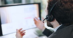 Businessman, agent and talking with headset on computer for customer service at call center. Man, employee or consultant with mic for communication, online advice or virtual assistance at office desk