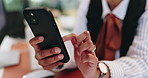 Typing, phone and hands of business woman in office for online news, scroll website and research. Professional, corporate and worker on smartphone for communication, internet and email on mobile app