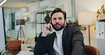 Business, computer and man in office, phone call and communication with planning. Person, happy employee and consultant in workplace, cellphone and discussion with feedback, chatting and contact