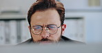Business, glasses and man with laptop, online reading and problem solving with news report. Person, journalist and employee with eyewear, editing and reflection with email and research for article