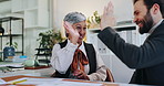 Man, woman and high five with documents at office with results, celebration and financial goals. Business people, partnership and support with team work, profit and revenue with success at company
