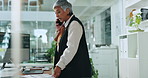 Business, laptop and woman in office, phone call and communication with investment. Mature person, employee and consultant with smartphone, contact and discussion with deadline, economy and inflation