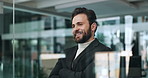 Employee, thinking and man with arms crossed, window and success with problem solving. Happy person, smile and consultant in workplace, ideas and vision for company future, solution and decision