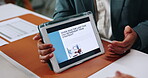 Business, hands or people with tablet screen in meeting to rethink strategy, track progress or agenda. Stakeholders, discussion and digital app for risk management, company performance and feedback