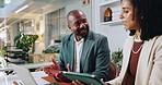 Laptop, manager or business people in discussion for budget review or accounting news. Teamwork, tablet and financial advisor with advice, online investment report or revenue update on technology