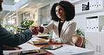 Handshake, office and business woman in meeting for partnership, b2b collaboration and onboarding. Professional, corporate and people shaking hands for greeting, welcome and contract agreement