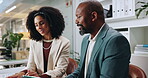 Tablet, discussion or business people in meeting for budget review or accounting news. Teamwork, technology and financial advisor with manager, online investment report or revenue update in company