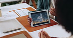 Hands, meeting and tablet with screen at legal agency for consultation, compliance and advice in office. Business people, lawyer and attorney with team, tech and presentation for services at law firm