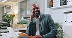 Laptop, smile and face of business black man in office for attorney research, legal aid and night. Lawyer, online advocate and client advisor with person in law firm agency for overtime on court case