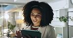 Tablet, research and smile with business woman in office for account manager, night and portfolio. Client update, wealth advisor and audit review with person in agency for overtime consultant