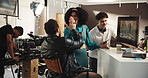 Filming, movie and director with actor on set for scene rehearsal, shooting and production. Shot frame advice, performance and backstage crew with people in studio for cinema, process and media