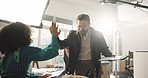 Film, high five and thumbs up with director speaking to person on set for advertising success. Behind the scenes, motivation and satisfaction with videographer man talking to actress for done shoot
