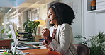 Woman, headset and talk at office with laptop, discussion or info at night for climate consulting job. African person, pc and microphone for contact, sustainability and help desk in dark workplace