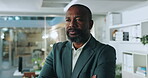 Office, entrepreneur and man with arms crossed, ambition and pride for business growth or corporate. Confident, investor and black person with opportunity for financial agency, think and serious