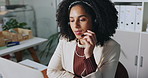 Business woman, agent and laptop with headset for online communication, app or help at office. Female person, consultant and talking with mic for virtual assistance or customer service at call center