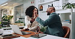 High five, team and business people in office with success for online project, proposal and feedback. Professional, collaboration and happy woman and man celebrate for goals, achievement and target
