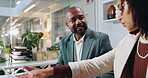 Technology, review or business people in discussion for teamwork, budget or accounting news. Explain, office and financial advisor with advice, online investment report or revenue update in company