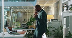 Fist pump, phone call and success with business black man in office at night for deal or good news. Bonus, communication and evening with excited employee in corporate workplace for goals or target