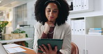Tablet, reading and business woman in office for insurance broker, policy premium or reflection. Risk assessment analyst, digital planning and vision with person thinking in agency for cover benefits