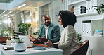 Laptop, discussion or business people in meeting for news, budget review or collaboration. Teamwork, technology or financial advisor with manager, online investment report or revenue update in office