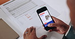 Phone screen, home insurance and hands of person for quote with document, safety and policy. Tech, office and worker on smartphone for online application, company benefits or protection on mobile app