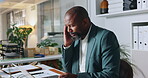 Stress, headache and black man with laptop for business error, project mistake and frustrated for brain fog. Male person, migraine and pain with digital tech in office for 404 glitch or work burnout