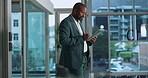Read, tablet and black man with research, office and browsing on app for financial report or online. Review, info and mature person with tech for bookkeeping, employee and plan for payroll on website