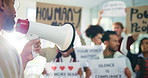 Protest, bullhorn and speaker with people for peace, justice and demonstration with posters to stop war. Freedom, rally and men with women together with billboards for change, revolution and movement