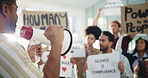 Protest, poster and crowd of people for peace, justice and demonstration at rally to stop war. Freedom, activist and men with women together with billboards for human rights, revolution and movement
