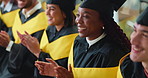 Graduation, applause and happy woman at college ceremony for academic success or education milestone. Group, graduate and clapping for goal, finish university and celebration with peer support