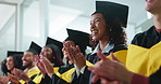 Graduation, applause and group of students at ceremony for academic success or education milestone. Happy people, graduate or clap for college goal, finish university or celebration with peer support