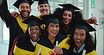 Face, graduate and happy group of students with celebration for success, diploma or goal. College, graduation and excited people clapping for education award, certificate and portrait at ceremony