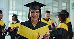 Happy, student and face of woman at graduation for achievement, success and education milestone. Certificate, school and portrait of girl with pride for learning, scholarship and celebrate at college