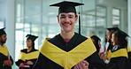 University, happy and face of man at graduation for achievement, success and education milestone. Graduate, school and portrait of student with pride for learning, scholarship or celebrate at college