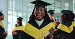 Laugh, student and face of woman at graduation for achievement, success or education milestone. Certificate, school and portrait of girl with pride for university, scholarship or celebrate at college