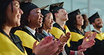 Woman, graduation and applause with smile in row for education, achievement and goals at college. People, happy and students with success, cheers and excited for celebration ceremony at university