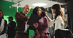 Makeup, director and cosmetologist with model in studio for photoshoot, filming or production. Cosmetics, art and beautician with woman for facial cosmetology with briefing for photography at agency.