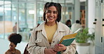 Happy, woman and face of student with books on campus for learning, knowledge or university. Smile, portrait and female person with bag and tablet for college studying with scholarship for education.