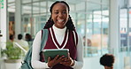 Happy, black woman and face of student with tablet on campus for learning, knowledge or university. Smile, portrait and person with technology for college studying with scholarship for education.