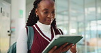 Thinking, student and black woman with tablet for school, schedule and online for curriculum and education. Learning, college and person with smile for scholarship, knowledge and academy course