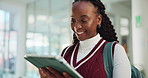 Reading, student and black woman with tablet for school, schedule and online for curriculum and education. Learning, college and person with smile for scholarship, knowledge and academy course