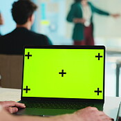 Laptop, green screen and mockup in college for lecture, learning and ...