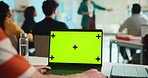 Laptop, green screen and mockup in college for lecture, learning and education with students. Computer, university and display for advertising, teach or people listen for lesson with tracking markers