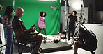 Woman, man and fight with film set, cameraman and recording for action, shoot and director. People, actress and cinematography with creativity, performance and production staff for movie at studio