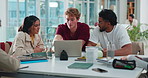 Laptop, university and students with discussion for education, learning or brainstorming thesis. College, team and people on computer for knowledge, studying notes or help with assignment research